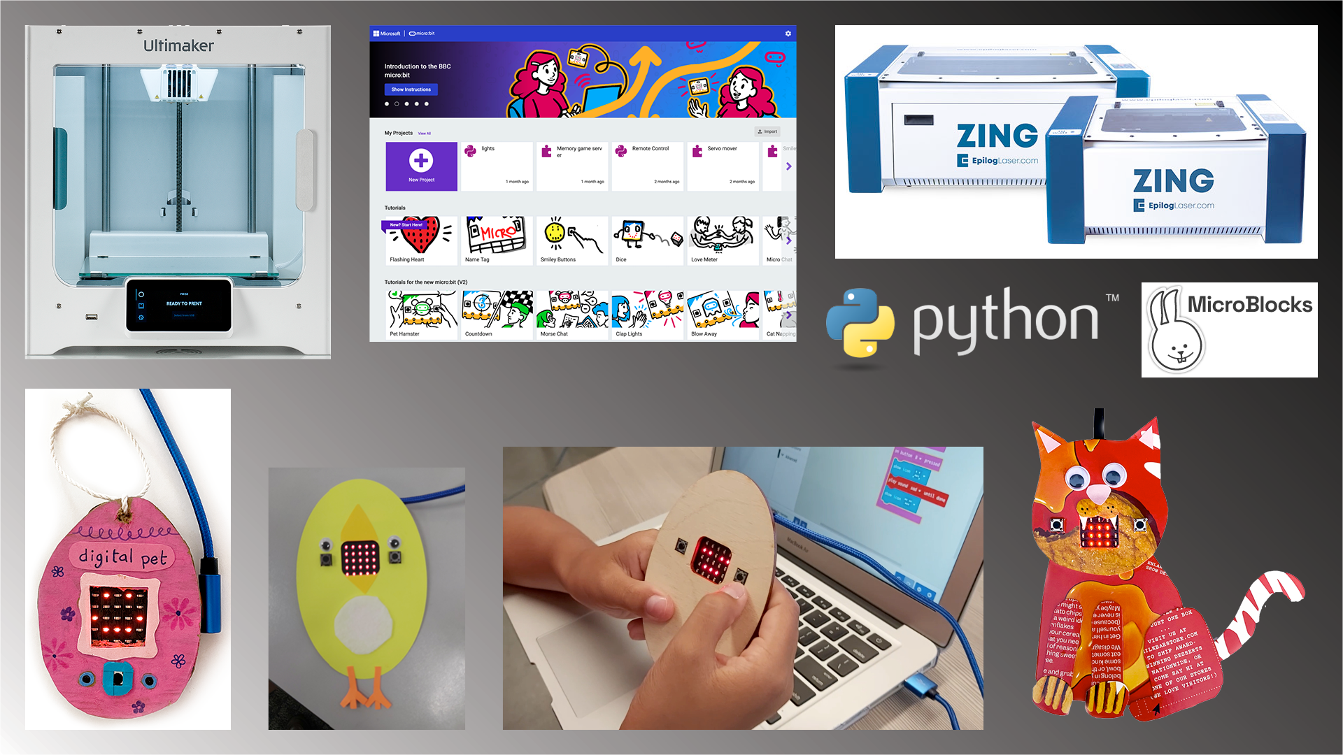 Title graphic showing micro:bit, sample pets, laser machines and a 3D printer